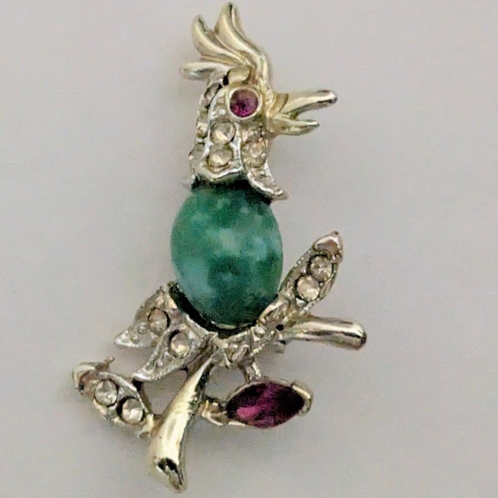 Vintage Mini Statement Rooster Green Jelly Belly Pin w/ Gold Tone & Rhinestones!